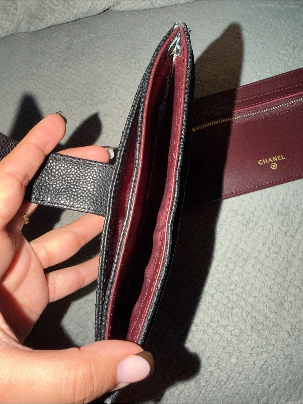 Black Quilted Leather Wallet with Burgundy Card Holder Insert